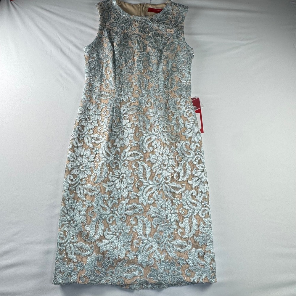 Carmen‎ Marc Valvo Infusion Silver Blue Lace Sequin Sheath Dress 8 661126 - Picture 7 of 12